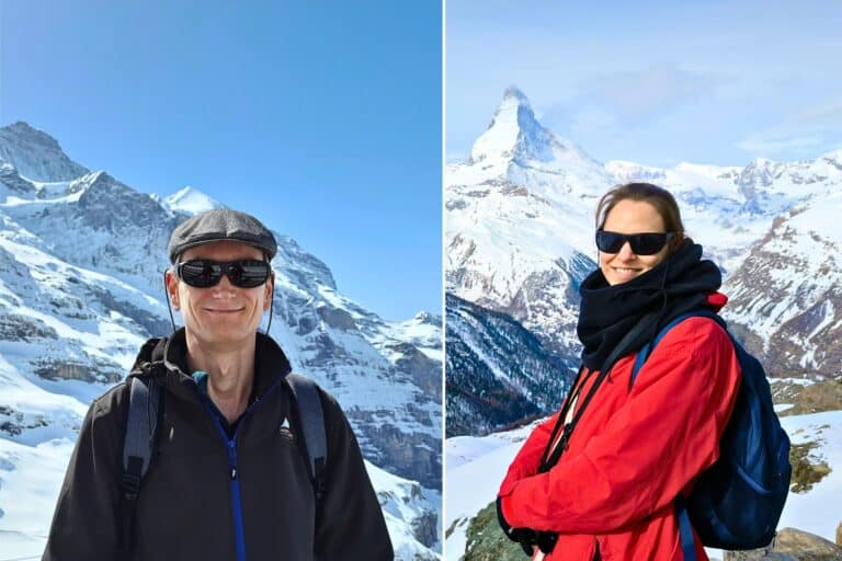Arno at Eigergletscher below Jungfraujoch and Annika above Zermatt with Matterhorn views.