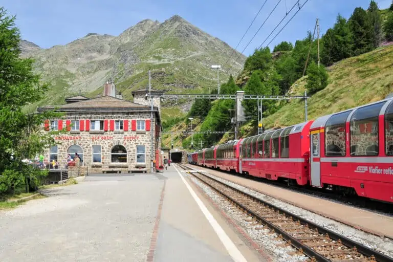 Panoramic Bernina Express train at Alp Grüm