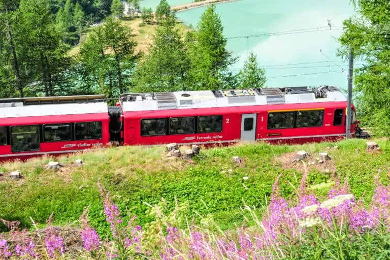Train descending from Alp Grüm to Poschiavo valley in Graubünden