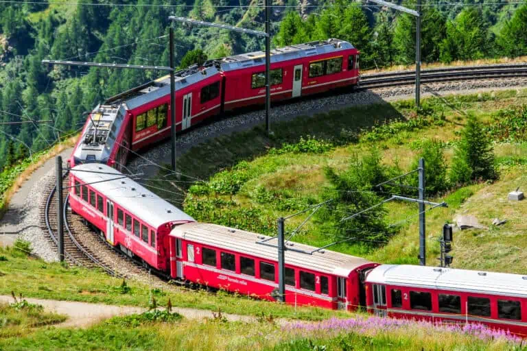 Rhätische Bahn train descending from Alp Grüm in a loop