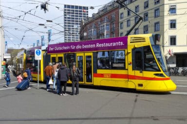 Tram at the Centralbahnplatz across from the Basel train station.