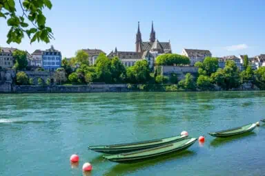 River Rhine and Basel city with Münster Cathedral
