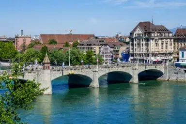 Mittlere Brücke seen from southern Rhine shore in Basel