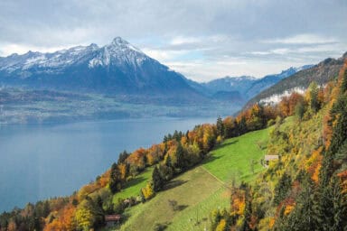 Autumn view of Lake Thun and Niesen from Luegibruggli near Beatenberg.