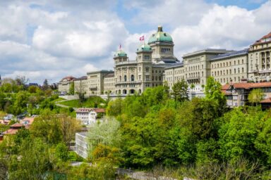 The Parliament Building in Bern, seen from the Kirchfeld Bridge