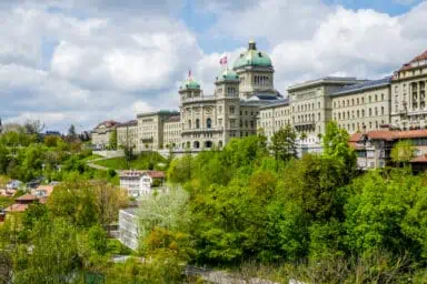 The Parliament Building in Bern, seen from the Kirchfeld Bridge