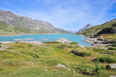 The Bernina Pass and Lago Bianco in summer.