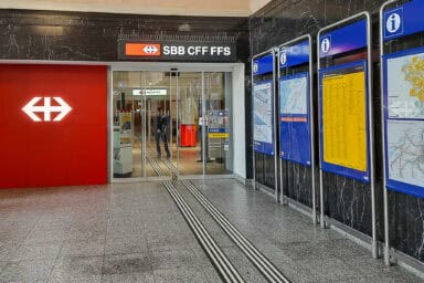 SBB info corner and ticket desks at station of Biel.