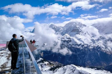 The Skyline View platform at Birg, with tourists and view of the Jungfrau.