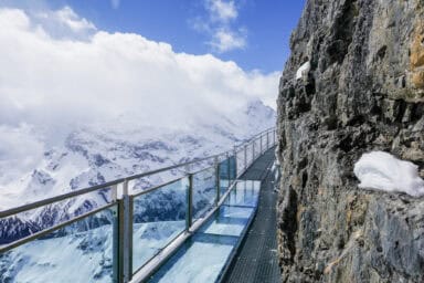 The Thrill Walk at Birg, with a glass floor and steel grids.