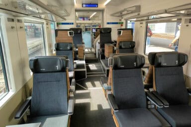 Interior of 1st class coach on a BLS train.