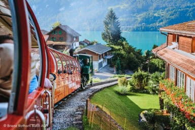 View of the village of Brienz from the carriages of the Brienzer Rothorn cogwheel train.