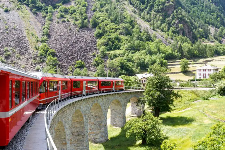Bernina Express at spiral viaduct near Brusio