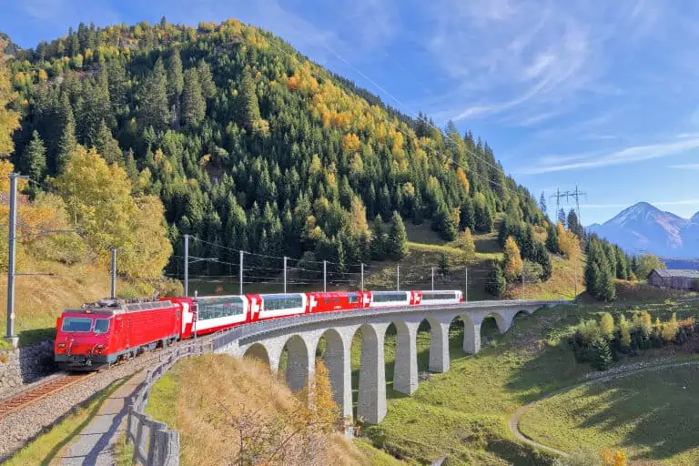 Glacier Express train at Bugnei viaduct, Disentis-Sedrun
