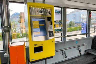 An STI ticket machine in the bus between Spiez and Thun.