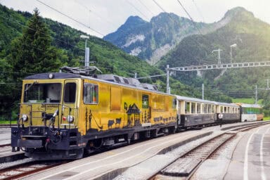 The Chocolate Train with its golden locomotive and GoldenPass Belle Époque carriages.