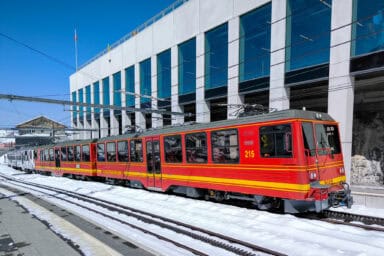 Cogwheel train to Jungfraujoch at the mountain station of Eigergletscher.