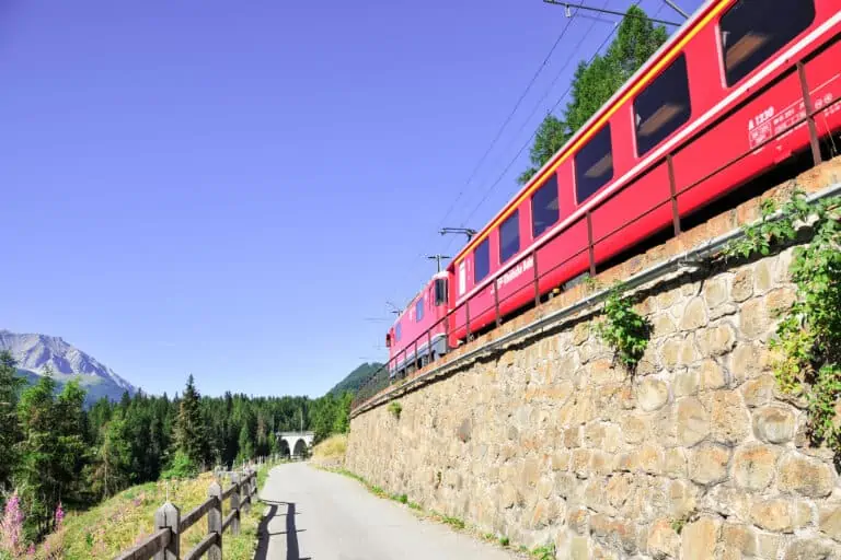 Train in the Engadine along hiking path at Cinuos-chel-Brail