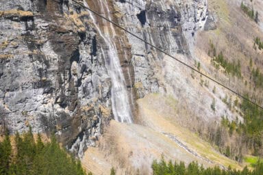 The Mürrenbach waterfall, seen from the cable car between Stechelberg and Gimmelwald.