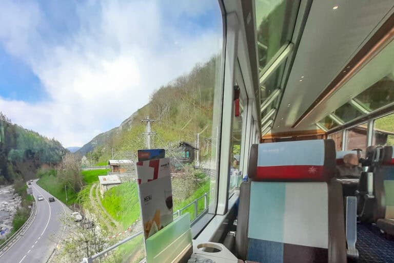 A 1st class seat on the Glacier Express in the Upper Rhone Valley.