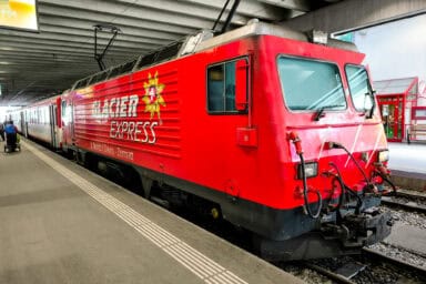 Glacier Express train waiting at the Zermatt railway station.