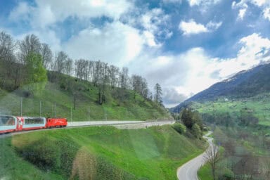 View of the Glacier Express train in the Upper Rhone Valley.