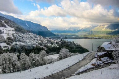 View toward Lake Geneva during the GoldenPass descent to Montreux.