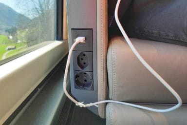 Power outlet in the GoldenPass Express Prestige class.