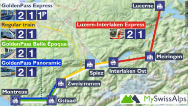 Map of the GoldenPass train line, indicating the trains and classes for each segment.