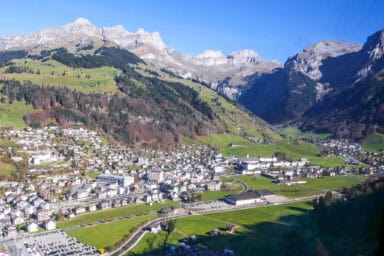 View down on Engelberg from the gondolas to mid-station Trübsee.
