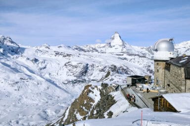 The Matterhorn and Kulmhotel, seen from the Gornergrat viewpiont in early April.