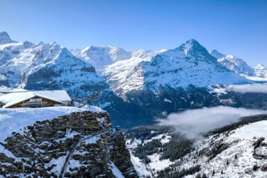 Bergrestaurant, Cliff Walk, Eiger and valley seen from Grindelwald-First in early April.