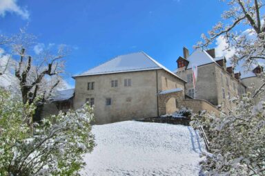 Gruyères Castle with spring snow