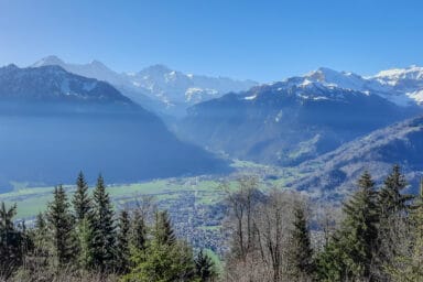 The town of Interlaken and the Bernese Alps seen from Harder Kulm.