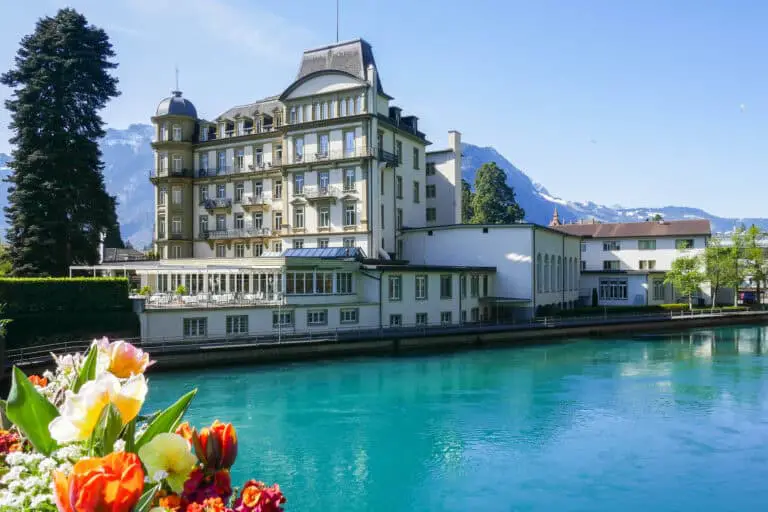 The Grand Hotel Beau Rivage on the Aare river near Interlaken Ost.