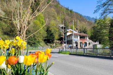 Bridge over the river Aare to the Harder Kulm valley station.