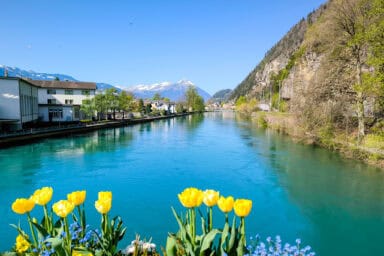 The Aare river and Mount Niesen seen near Interlaken Ost.