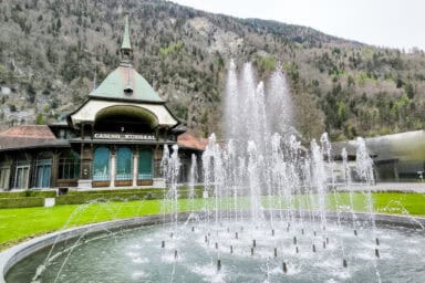 The park and fountain of the Casino in Interlaken.