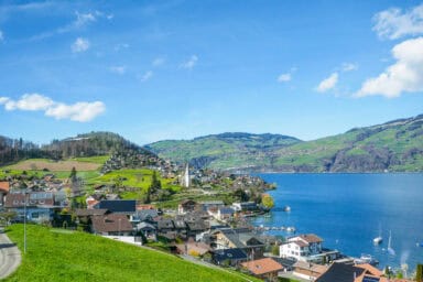 Faulensee on Lake Thun, seen from the train between Interlaken and Spiez.
