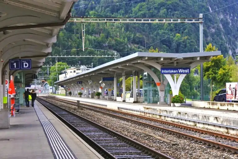 Platforms and train tracks at rail station Interlaken West