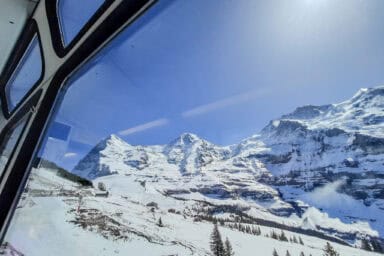 Eiger, Mönch and Jungfrau seen from the train between Wengen and Kleine Scheidegg.