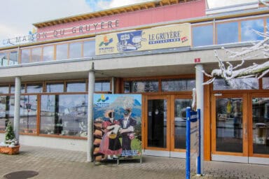 Entrance of the La Maison du Gruyère cheese factory and museum.
