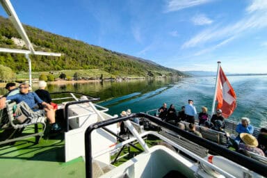 Upper 1st class and lower 2nd class deck on boat Lake Biel