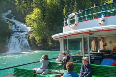 There are perfect views of the bottom of the Giessbach Falls from the boats on Lake Brienz.