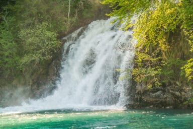 From the boat, you can see the Giessbach Falls flowing into the lake.