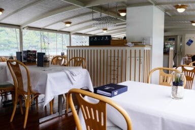 An upper-deck restaurant on one of the paddle steamers at Lake Lucerne.
