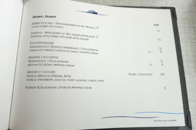 The dessert menu on one of the Lake Thun boats.