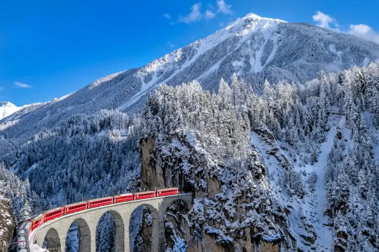 Train on Landwasser viaduct near Filisur in winter