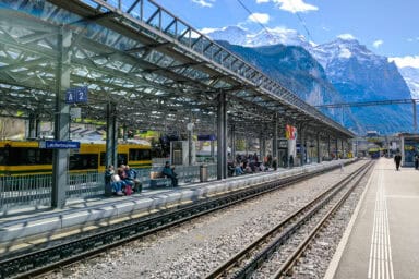 The rail station of Lauterbrunnen with the Jungfrau in the background.