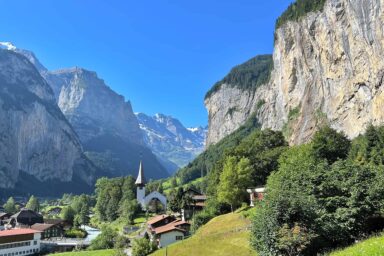 Lauterbrunnen village with Staubbach Fall